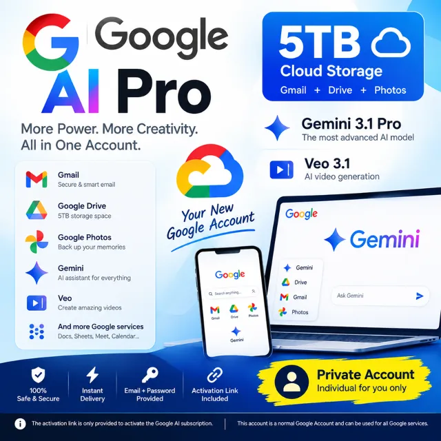 Подписка Google AI Storage — 5 ТБ | Gemini Pro 3.1 | Veo 3.1 | Личный аккаунт