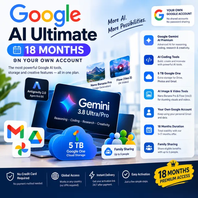Google Antigravity 2.0|Gemini 3.8 PRO/ULTRA|5TB Storage|Nano Banana Pro|Flow|18 Month