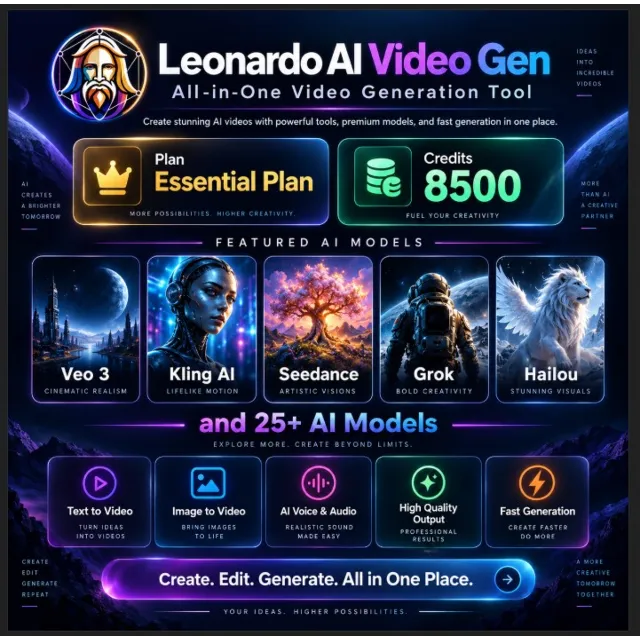 Leonardo AI Video Gen — тариф Essential | 8500 кредитов | 25 ИИ-моделей