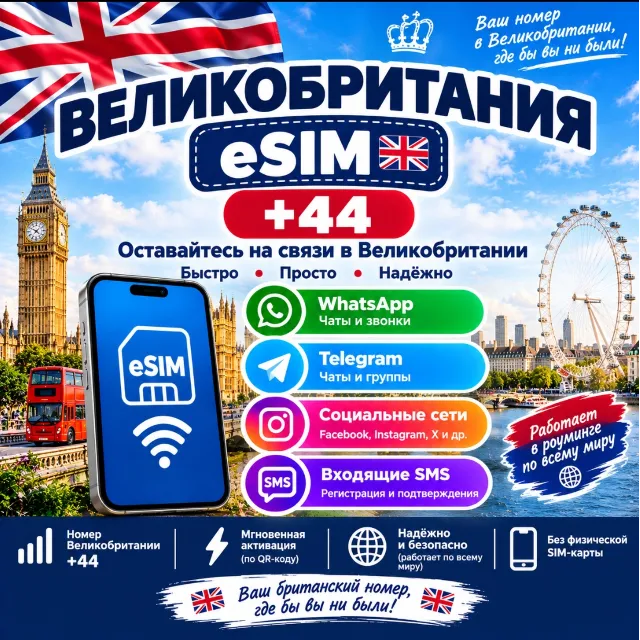 Британская eSIM +44 Номер телефона eSIM для приема SMS - Великобритания еСИМ