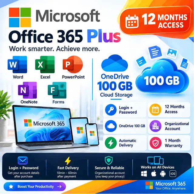 Microsoft Office 365 Plus 12 месяцев | Word Excel PowerPoint | OneDrive 100 ГБ