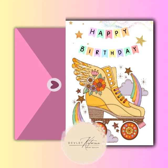 Открытка Happy birthday Ролики А5 Складываемая двухсторонняя