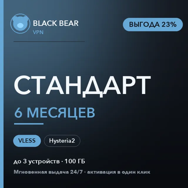 Black Bear VPN Стандартный 6 месяцев VLESS и Hysteria2