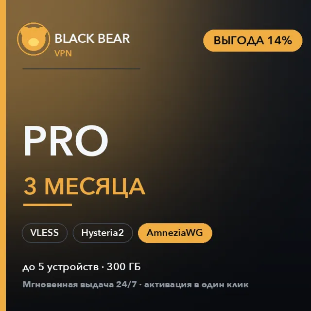 Black Bear VPN Pro 3 месяца AmneziaWG + VLESS + Hysteria2