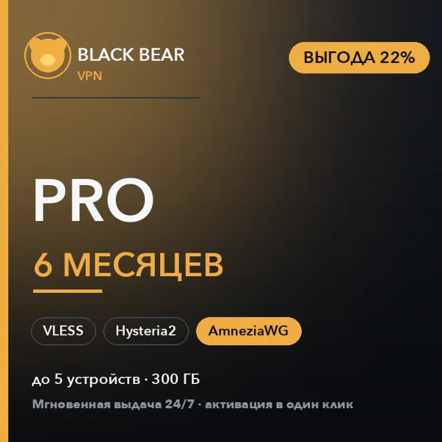 Black Bear VPN Pro 6 месяцев AmneziaWG + VLESS + Hysteria2