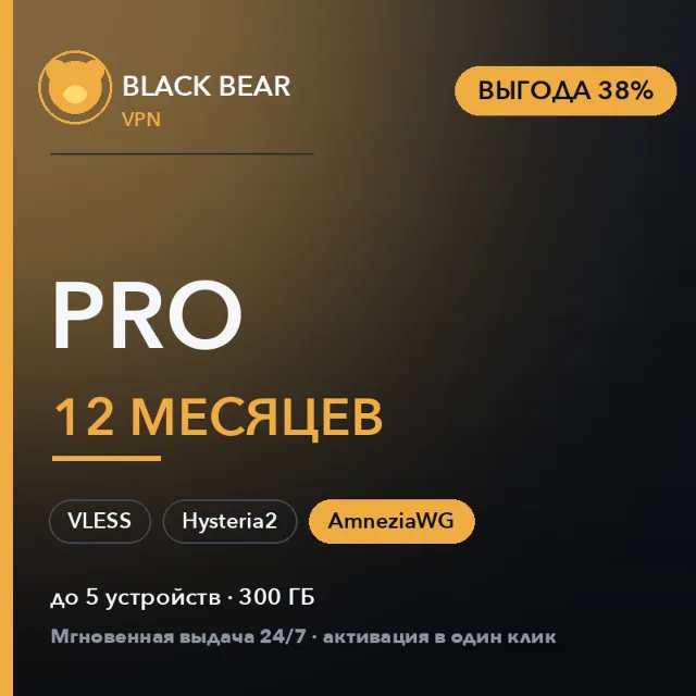 Black Bear VPN Pro 12 месяцев AmneziaWG + VLESS + Hysteria2