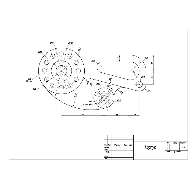 Корпус - чертеж контура детали по теме сопряжения и массивы в программе AutoCAD