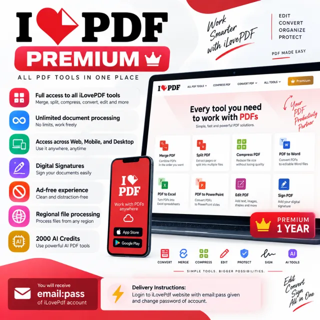 iLovePDF Premium 1 Year Account Web Mobile Desktop Access