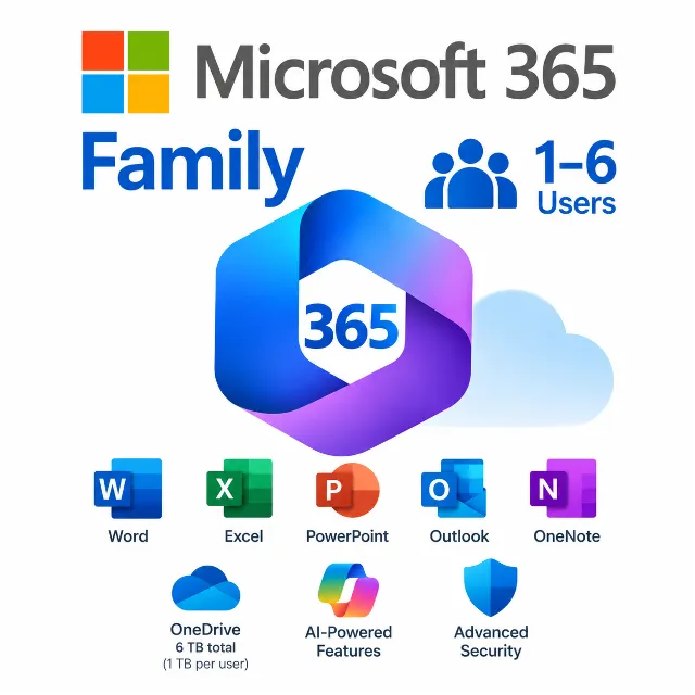 Microsoft 365 для семьи | 1–6 пользователей | Облако | Приложения с ИИ | 12 месяцев