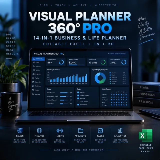 Планер Excel 360 задачи цели привычки финансы и календарь 14 в 1