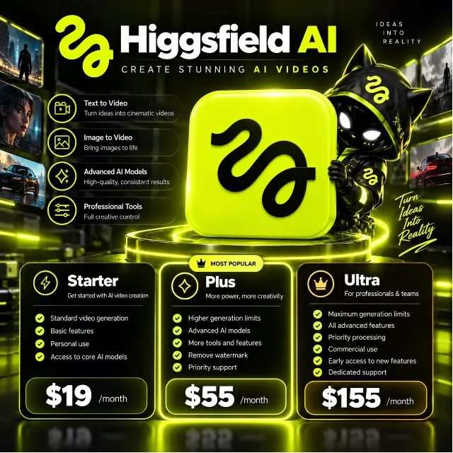 Higgsfield AI подписка 1 месяц - Starter / Plus / Ultra - апгрейд на ВАШЕМ аккаунте